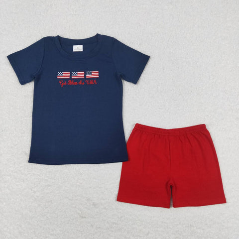 BSSO0713 Embroidery USA Flag Boys Shorts Set