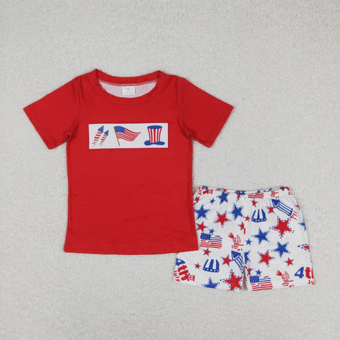 BSSO0726 4th July USA Flag Red Boys Shorts Set