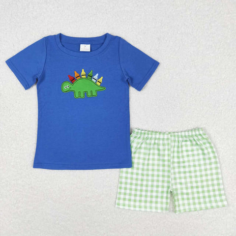 BSSO0805 Embroidery Back to school Crayon Dinosaur Boys Shorts Set