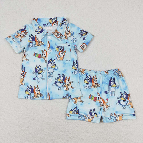 BSSO0817 Cartoon Blue Dog Girls Shorts Pajamas Set