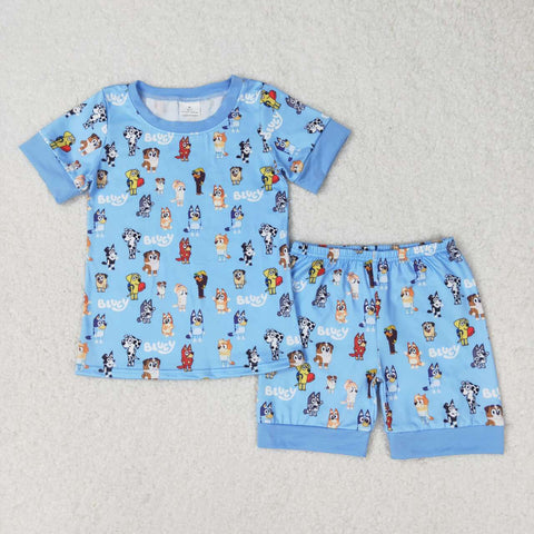 BSSO0853 Cartoon Blue Dog Boys Shorts Pajamas Set