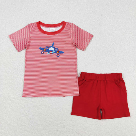 BSSO0995 Embroidery Airplane Red Boys Shorts Set