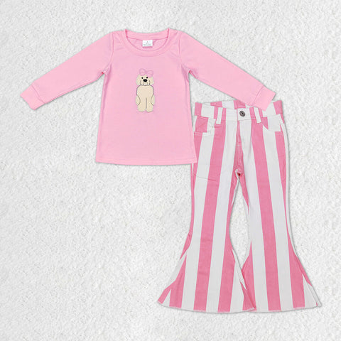 GLP1147 Embroidery Dog Pink Stripe Jeans 2 Pcs Girl's Set