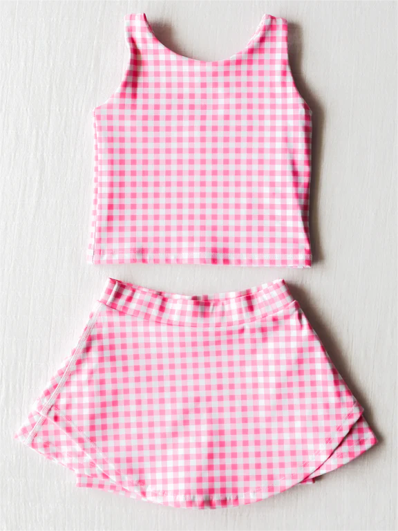 Pink Plaid Cropped Sleeveless Top And Skirt Set