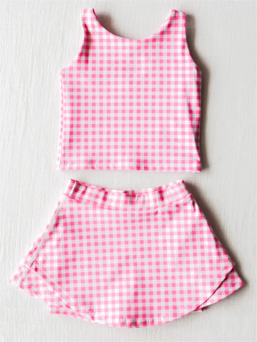 Preorder GSD0992 Pink Plaid Skort Girls Swimsuit