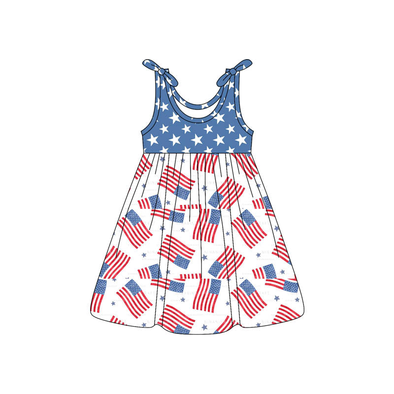PREORDER MOQ 5 Pcs GSD3490 4th of July USA Flag Star Girl's Dress 7-8T