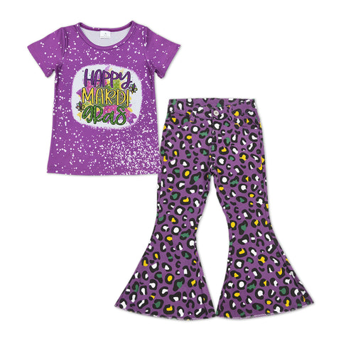 GSPO1250 Happy Mardi Gras Purple Leopard Jeans 2 Pcs Girl's Set
