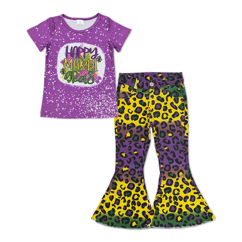 GSPO1251 Happy Mardi Gras Purple Leopard Jeans 2 Pcs Girl's Set
