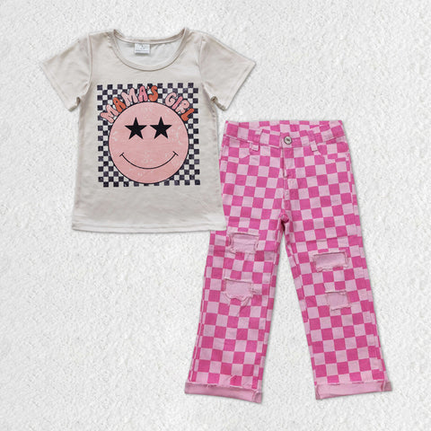 GSPO1606 MAMA'S GIRL Pink Plaid Denim Jeans 2 Pcs Kids Outfits