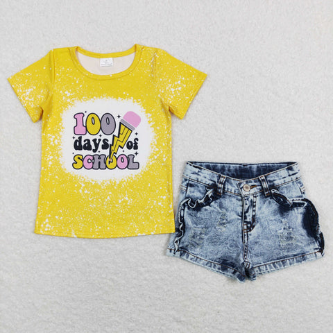 GSSO0524 100 days of school Yellow Denim Shorts 2 Pcs Girl's Set