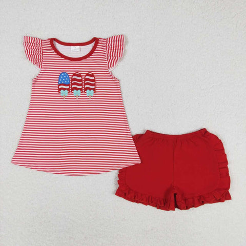 GSSO0759 Embroidery USA Popsicle Red Shorts Girl Set