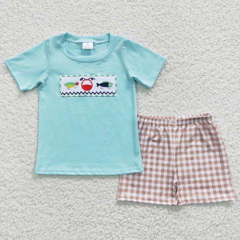 BSSO0262 Summer Embroidery Fish Mint Boy's Shorts Set