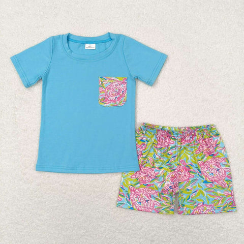 BSSO0846 Summer Lilly Blue Pink Boys Shorts Set