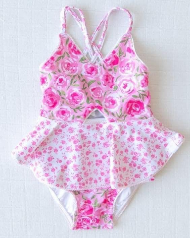 Preorder S0247 Flower Pink Summer Girls Swimsuit Onesie