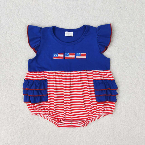 SR1211 Embroidery USA Flag Red Stripe Baby Girl Romper