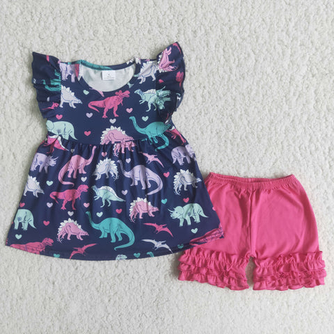 SALE A13-16 Dark Blue Dinosaur Pink Girl Shorts Set