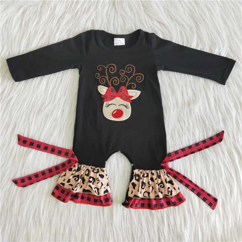 Christmas Embroidery Deer Red Plaid Romper Amy yu garments wholesale