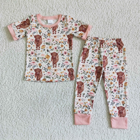 SALE C2-14 Cow Flower Baby Pink Girl's Boy''s Set Pajamas