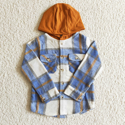Fashion Kid's Clothing Cute Hoodie Flannel Buttons Plaid Khaki Coat