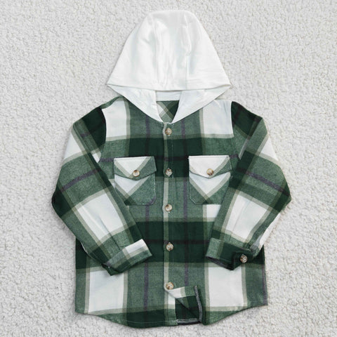 Fashion Kid's Clothing Cute Hoodie Flannel Buttons Plaid Green White Coat