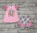 GSSO0356 Back To School Pencil Flower Pink Girl's Shorts Set