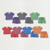 Solid Color Plaid Scallop Edge Girls Shorts Set Kids Matching Clothes
