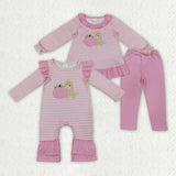 Embroidery Fall Pumpkin Dog Pink Stripe Kids Girls Clothes