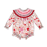 Preorder Samples LR2769 Smocked Jesus Loves Me Flower Red Baby Bubble Romper