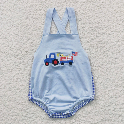 US Warehouse SR0273 embroidery National Day Dog Flag Blue Plaid Baby Boy's Romper