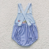 US Warehouse SR0273 embroidery National Day Dog Flag Blue Plaid Baby Boy's Romper