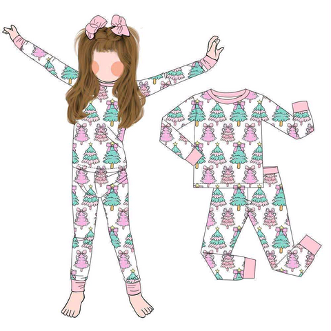 MOQ 5 pcs Custom Style Christmas Trees Kids Pajamas Set