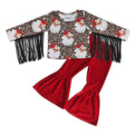 GLP0594 Fashion Christmas Santa Tassel Red Golden Velvet Girl's Set