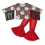 GLP0595 Christmas Santa Tassel Red Golden Velvet  Jeans 2 Pcs Girl's Set