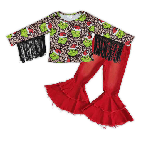 GLP0598 Christmas Tassel Red Golden Velvet Jeans 2 Pcs Girl's Set