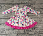 GLD0214 Cartoon Blue Dog Flower Pink Girl's Dress