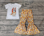 GSPO0860 Cartoon Blue Dog Flower Yellow Plaid Girl's Set