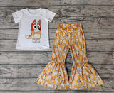 GSPO0860 Cartoon Blue Dog Flower Yellow Plaid Girl's Set