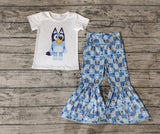 GSPO0861 Cartoon Blue Dog Flower Plaid Girl's Set