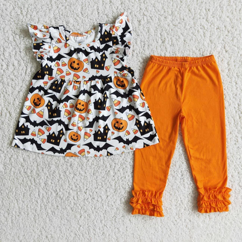 SALE E3-5 Halloween Bat Pumpkin Orange Girl's Set
