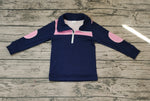 BT0290 Dark Blue Pink Plaid Zipper Pullover Shirt Top