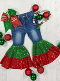 P0113 Christmas Fashion Red Green Sequins Denim Flared Girl's Pants Jeans