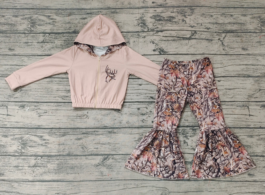 GLP0821 Hunting Deer Hoodie coat Flare Pants Girl's Set