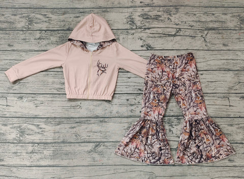 GLP0821 Hunting Deer Hoodie coat Flare Pants Girl's Set