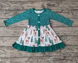 GLD0429 Christmas Deer Trees Green Girl's Dress