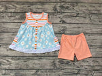 GSSO0403 Flower Orange Stripe Pockets Lace Girl Shorts Set