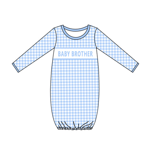 Custom Style MOQ 5 pcs BABY BROTHER Blue Plaid Baby Newborn Sleepers Gown
