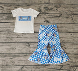 GSPO1174 Cartoon Blue Dog Plaid Girls Set