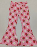 P0396 Strawberry Flower Pink Flared Pants Girls Jeans