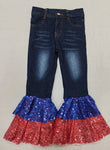 P0430 4th of July Blue Red Sequin Flared Pants Girls Jeans