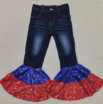 P0430 4th of July Blue Red Sequin Flared Pants Girls Jeans